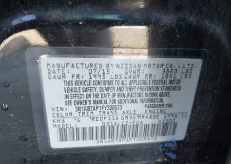 2015 Nissan Sentra S z USA, uszkodzony, nr VIN 3N1AB7AP1FY308573